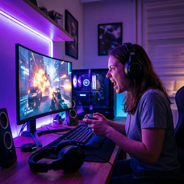 Cinematic ultra-wide gaming setup with immersive ambient LED sync