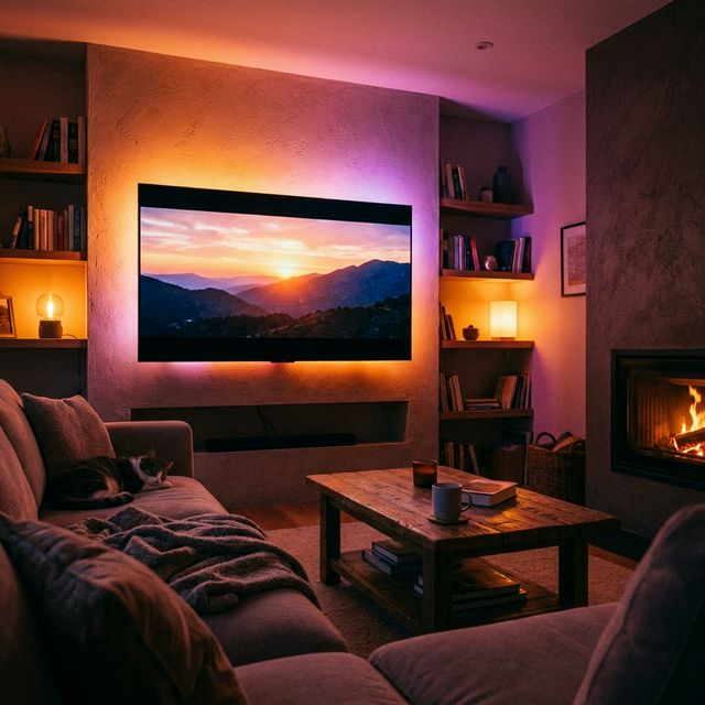 Home theater setup with ambient lighting syncing to a movie